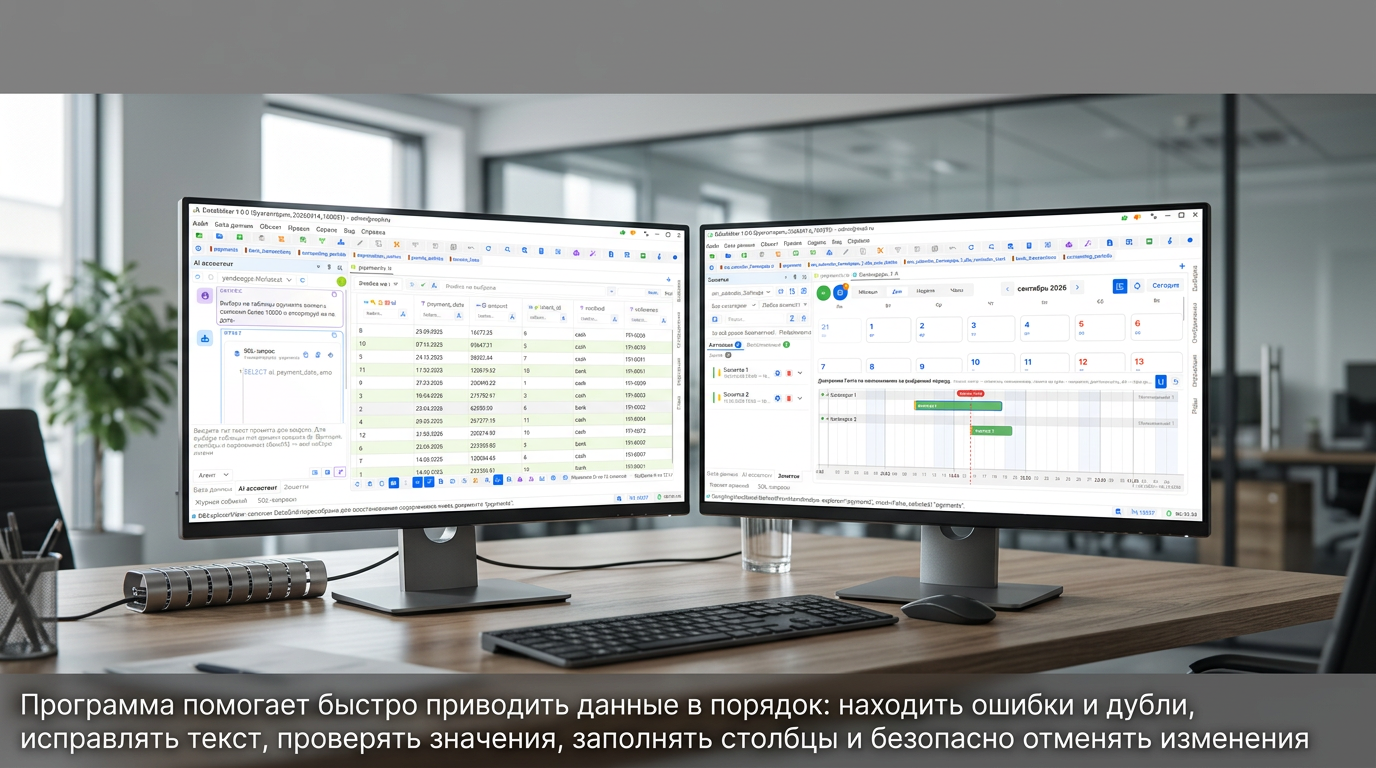 Уборка данных находит опечатки и дубли, исправляет текст и заполняет столбцы с предварительным просмотром правок.