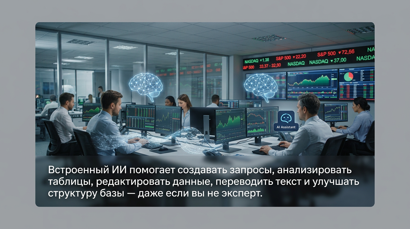 Встроенный ИИ-ассистент создаёт запросы, анализирует таблицы, редактирует данные и улучшает структуру базы.